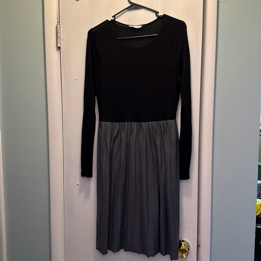 Three dots long sleeved dress, black top with grey pleated bottom.